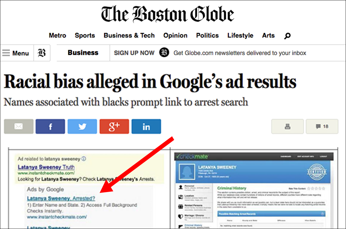 Screenshot of a Boston Globe article titled 'Racial bias alleged in Google's ad results'