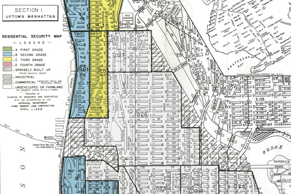 Map illustrating Manhattan neighborhoods that were redlined