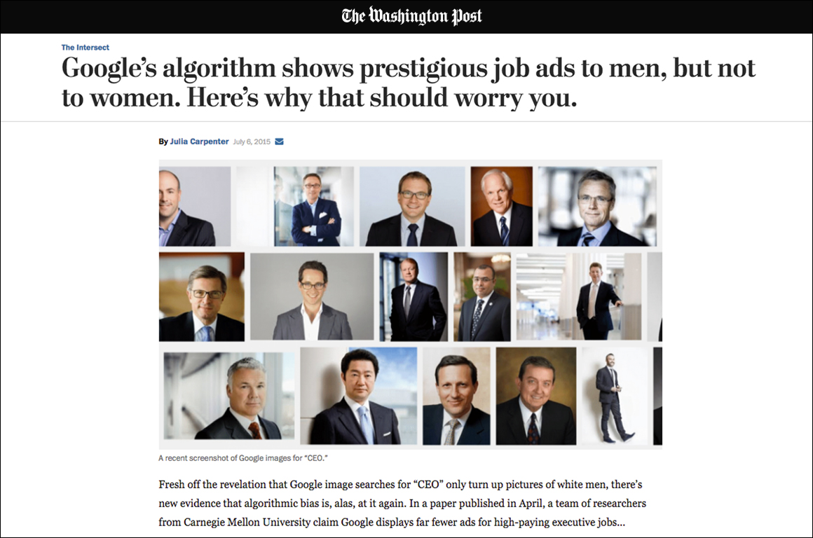 Screenshot of a Washington Post article titled 'Google's algorithm shows prestigious job ads to men, but not women. Here's why that should worry you.'