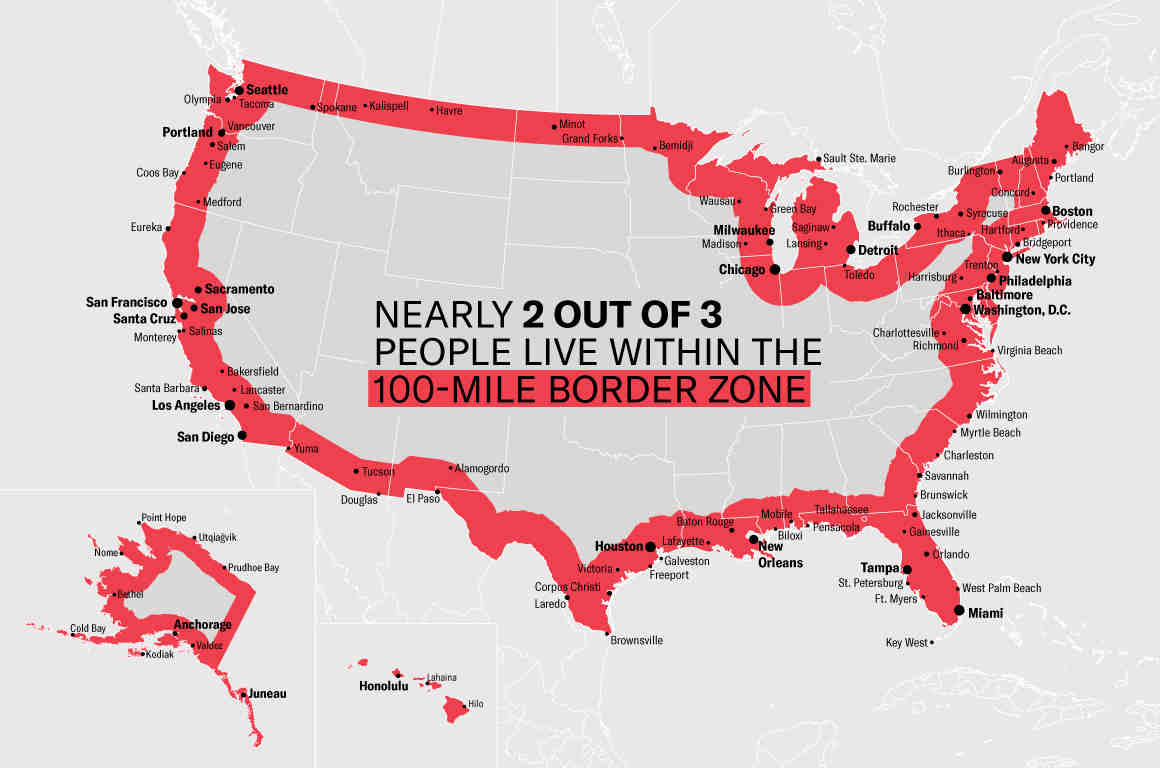 Your Rights In The Border Zone American Civil Liberties Union   Web18 100mibordermap Stat 1160x768px V01 