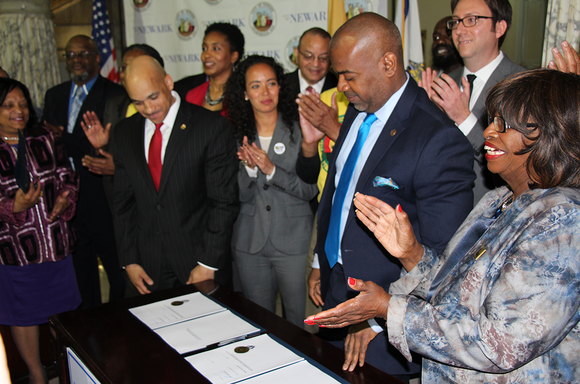 Newark Mayor Ras Baraka at the signing ceremony for the city's new independent civilian complaint review board.