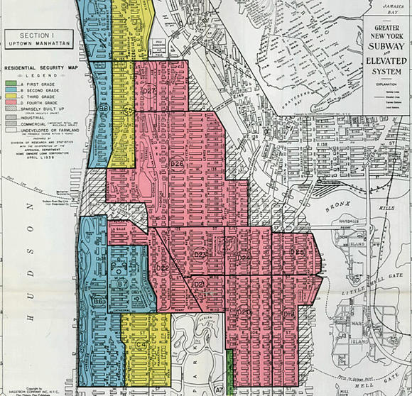 Home Owners' Loan Corporation (HOLC) redlined map of Manhattan from 1938.