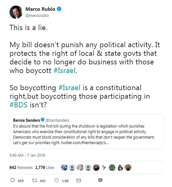 Marco Rubio: This is a lie.   My bill doesn’t punish any political activity. It protects the right of local &amp; state govts that decide to no longer do business with those who boycott #Israel. 