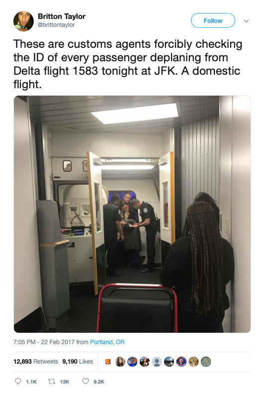 A Tweet with a photo of the agents checking IDs of the the passengers on Delta Flight 1583