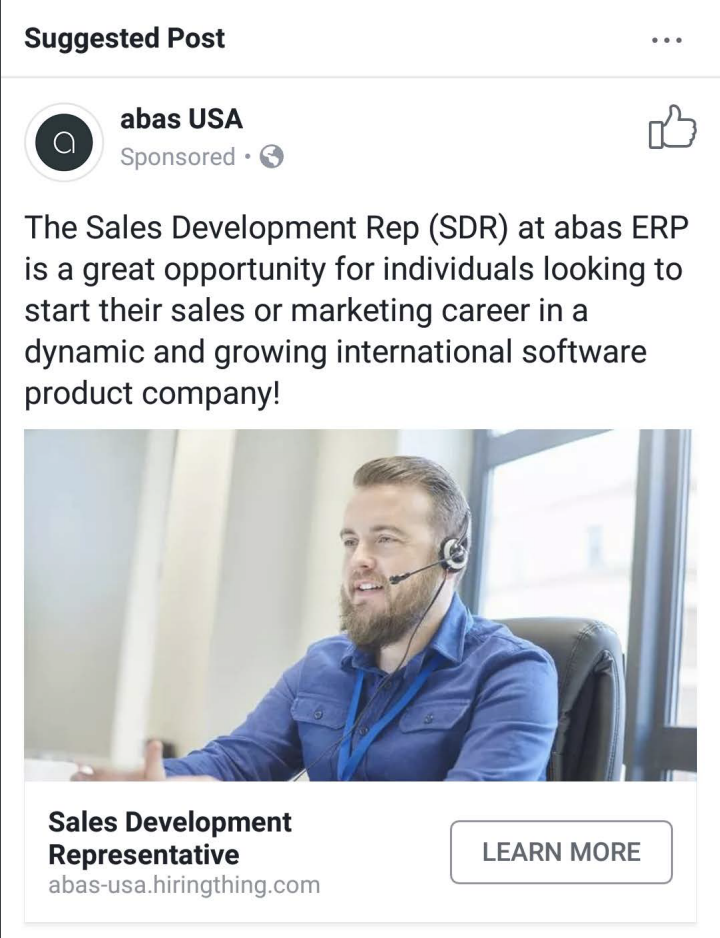 An example of the discriminatory ads, advertising a sales rep position.