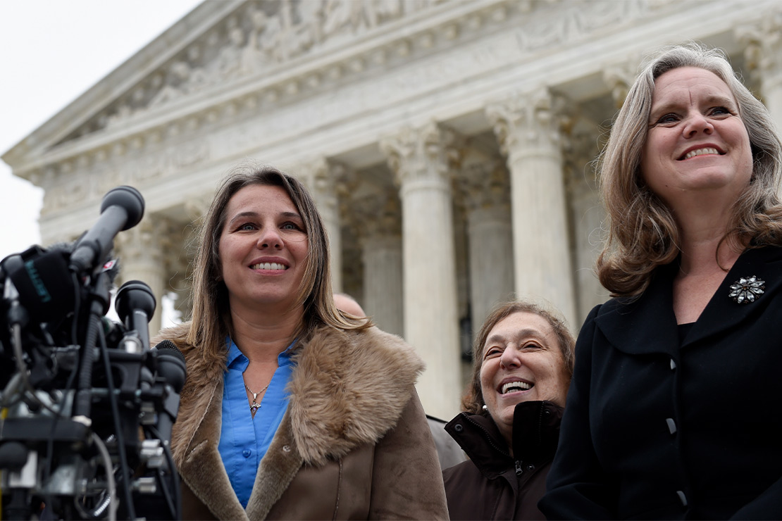 Peggy Young, the plaintiff in Young v. United Parcel Service, Inc., speaks to reporters outside the Supreme Court. Next to her is Marcia Greenberger, founder and Co-President of the National Women's Law Center, center, and Young's attorney, Sharon Fast Gustafson, on the right.