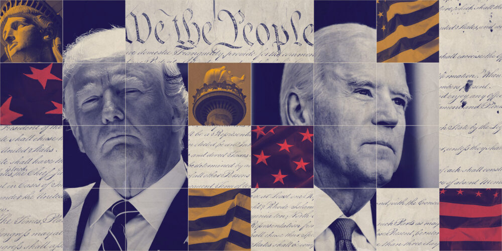A collaged graphic featuring Donald Trump and Joe Biden.
